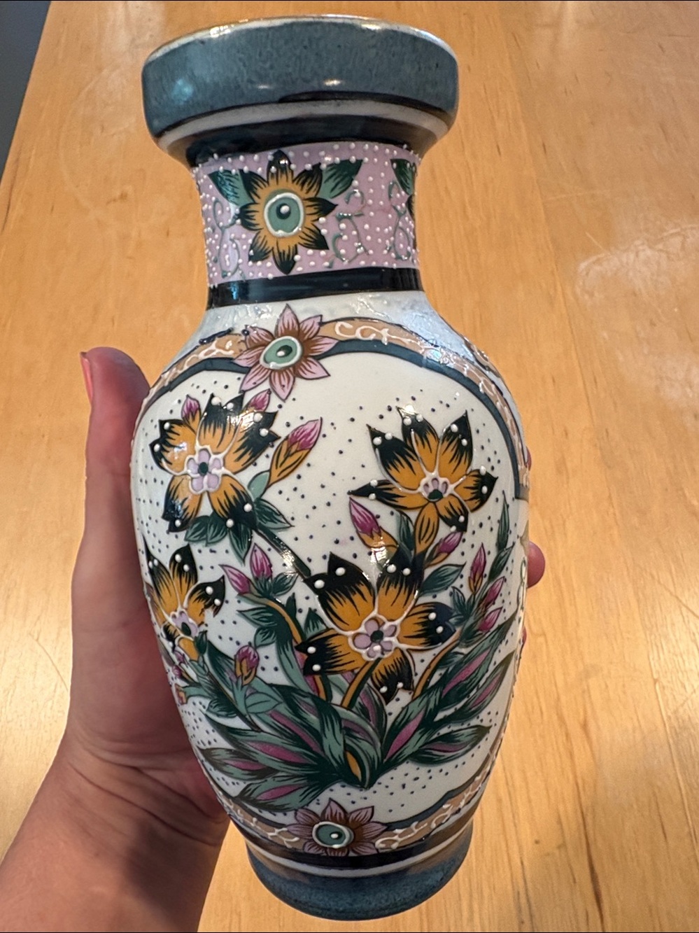 Source Unknown Floral Ceramic Vase in White, Yellow, Green, Pink and Black